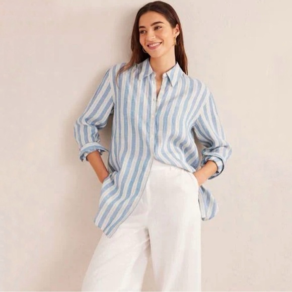 Boden Relaxed Linen Button Down Shirt Porcelain Blue Sparkle Stripe 14R - Picture 3 of 16